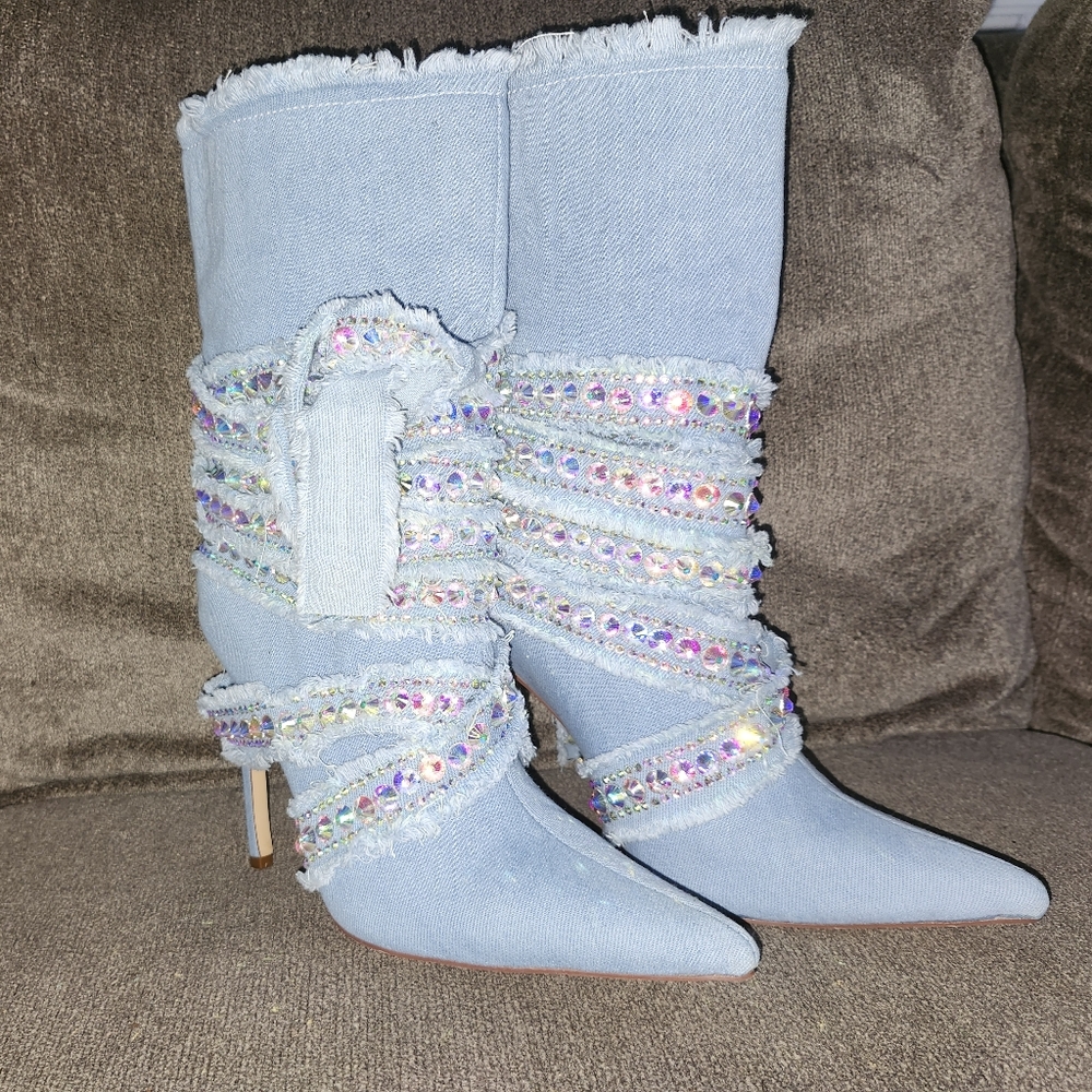 Azalea Wang Finlay Denim Bootie with Rhinestone Wrap